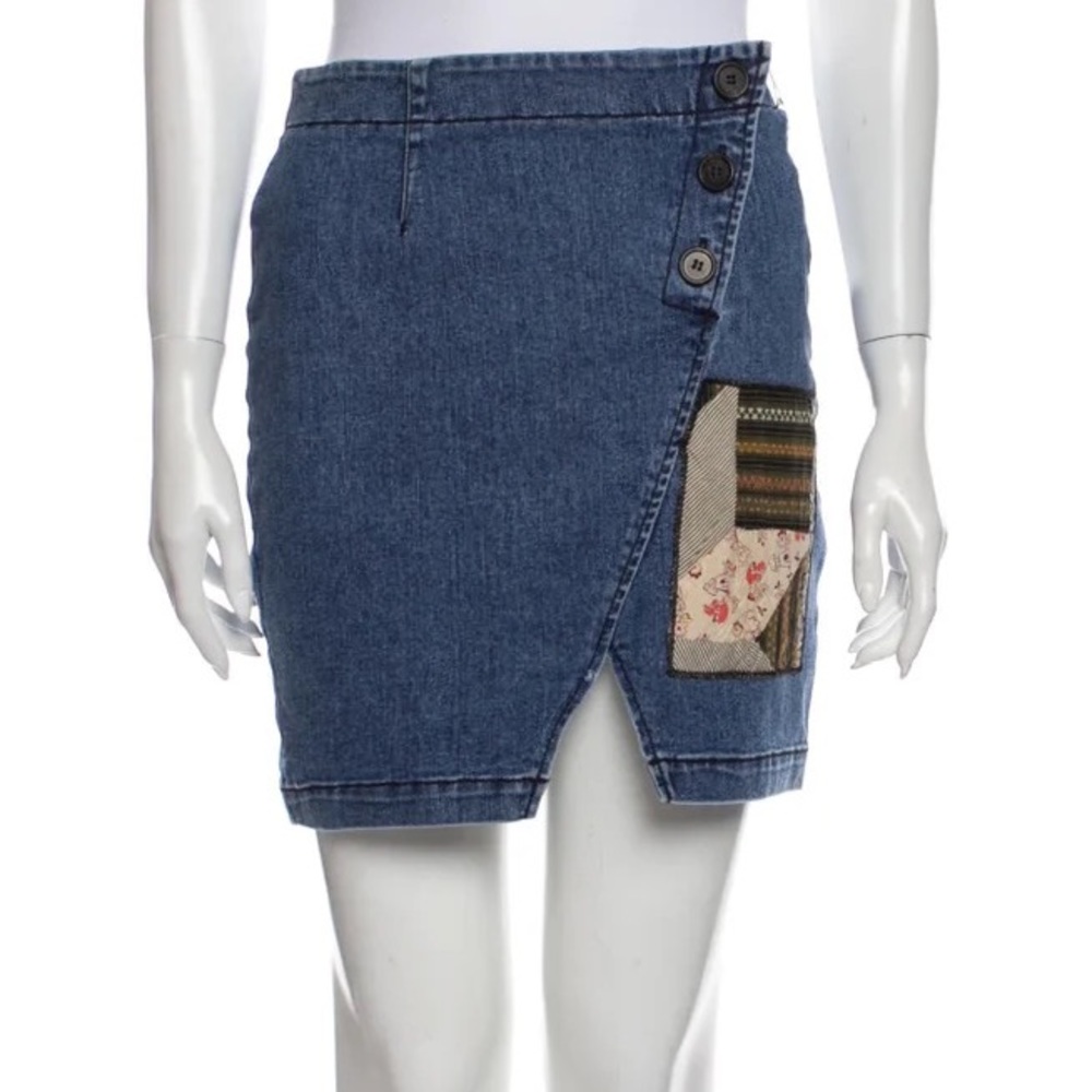 R.G. Kane patched work denim mini Skirt cut out front button accent